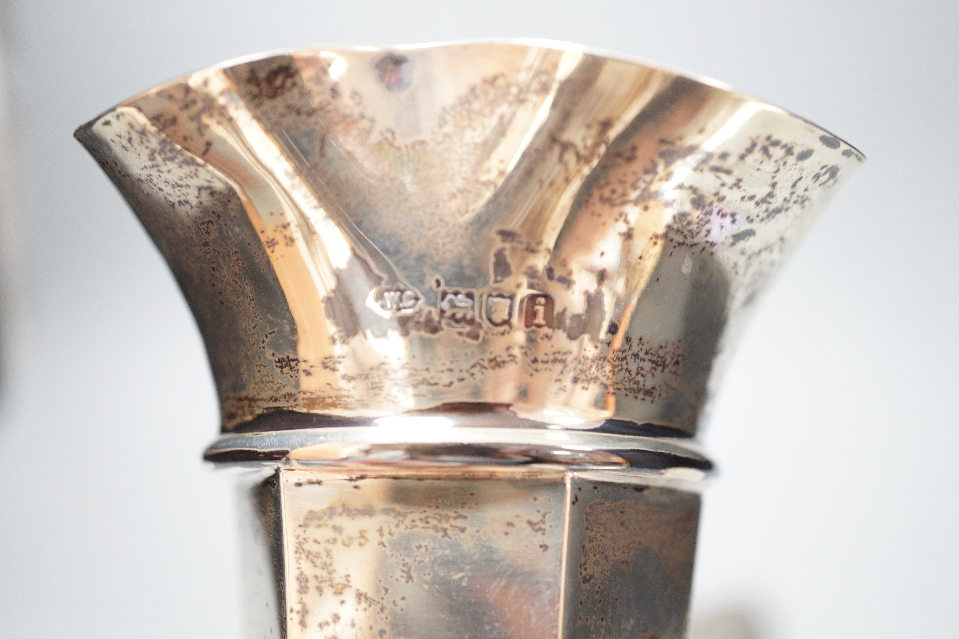 A late Victorian pierced silver pedestal bon bon dish, London, 1898, a silver mounted specimen vase and two silver backed brushes